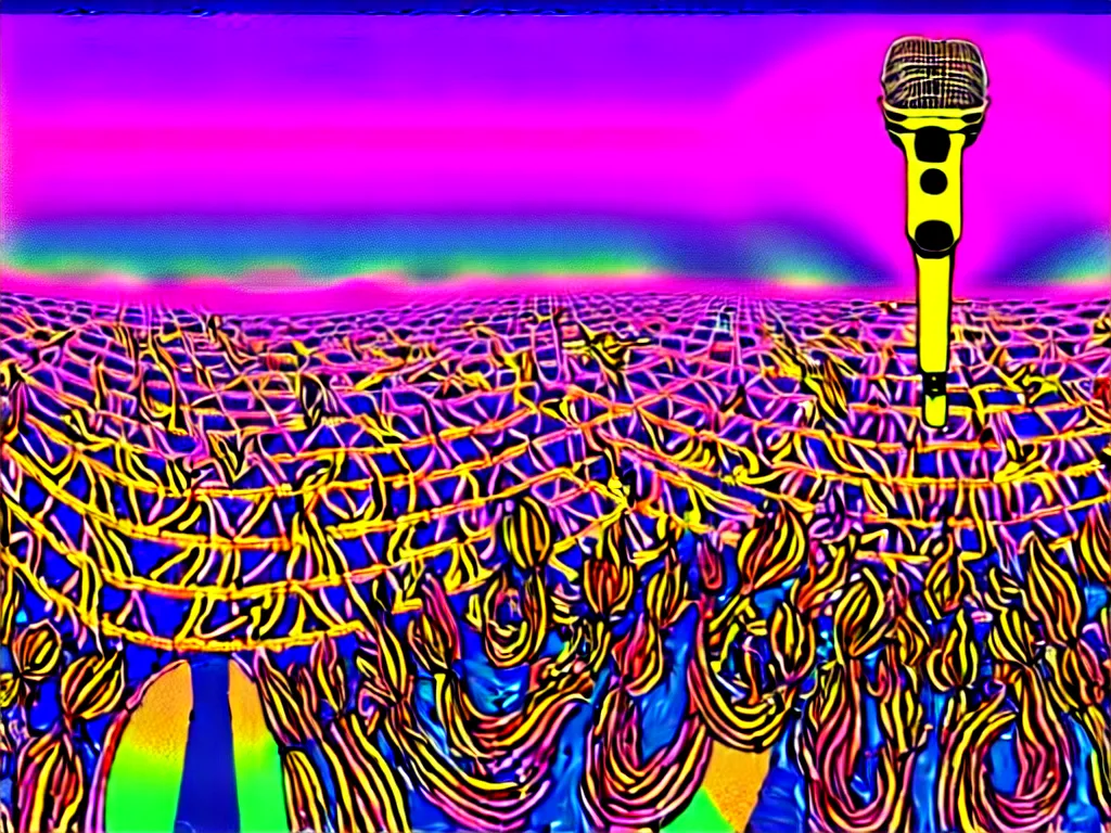 Image similar to rapping on stage at festival, holding microphone, giant crowd, epic angle, happy, psychedelic, hip hop, surreal, neon, vaporwave, detailed, illustrated by Alex Grey, 4k