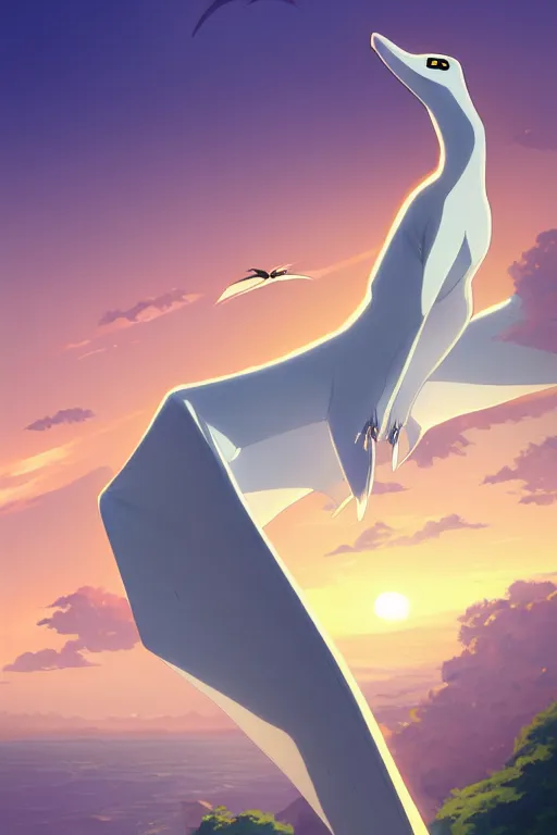 Prompt: a large smooth skinned white creature hybrid pterosaur, sitting on a cliff high in the sky, sunset, backlit, beautiful composition, by makoto shinkai an krenz cushart