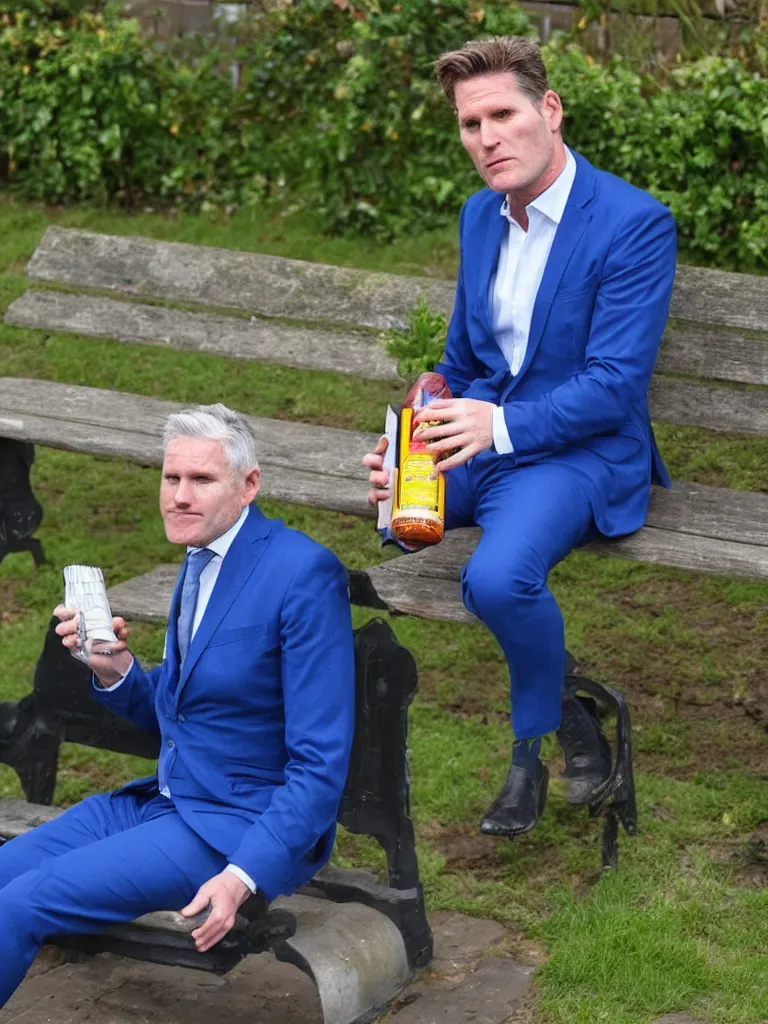 Image similar to Sir Kier Starmer in a blue suit wearing a flat cap on his head sitting on a bench alone holding a large plastic green bottle of cider, at his feet are empty cans and bottles