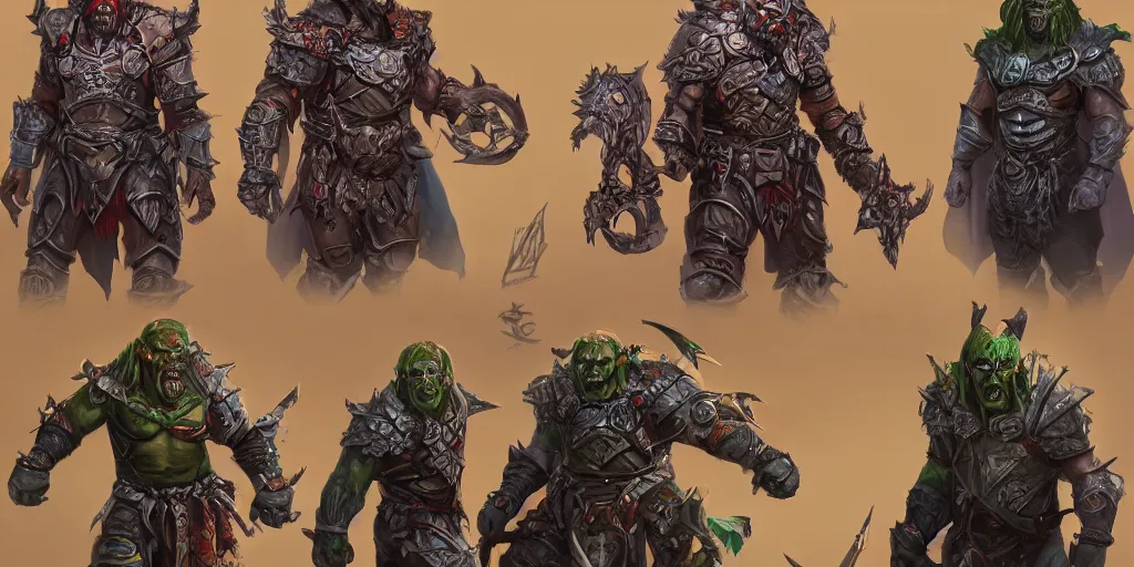 Prompt: different views of scary orcs in armour, colourful intricate!! concept art by senior character artist, trending on artstation, full body character design