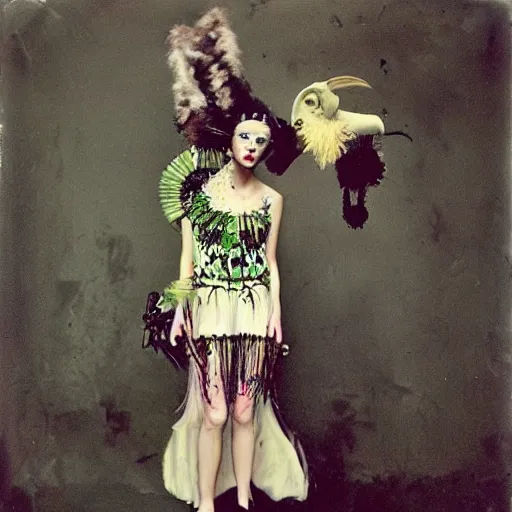 Image similar to damaged kodak portra 4 0 0, wetplate, photo of a surreal artsy dream scene,, very beautiful model, weird fashion, grotesque, extravagant dress, strange pose, carneval, with an animal, wtf, photographed by paolo roversi style