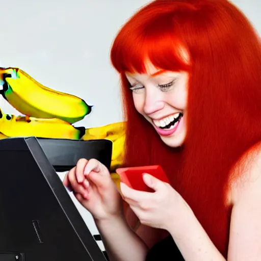 Image similar to happy red - haired cat using a computer, viewed while eating a banana, black background, retro design, high quality detailed image