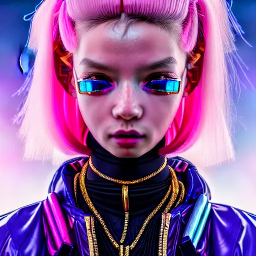 Image similar to hyperdetailed portrait of a stunningly beautiful pink cyberpunk cute european girl made of metals and shiny iridescent gems, bright rainbow nimbus, gold necklace, reflective puffer jacket, smoke background inspired by ross tran and masamune shirow and kuvshinov, intricate, photorealistic, octane render, rtx, hdr, unreal engine, dnd digital art by artgerm