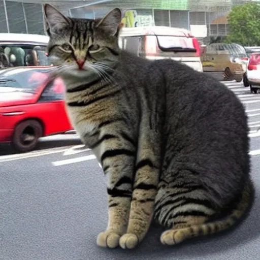 Image similar to giant cat in traffic, ultra realistic, very realistic