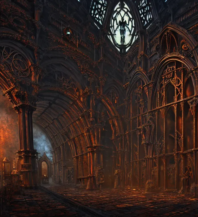 Image similar to steam necropolis, memento mori, gothic, neo - gothic, art nouveau, hyperdetailed copper patina medieval icon, stefan morrell, philippe druillet, ralph mcquarrie, concept art, steampunk, unreal engine, detailed intricate environment, octane render, moody atmospherics, volumetric lighting, ultrasharp, ominous, otherworldly