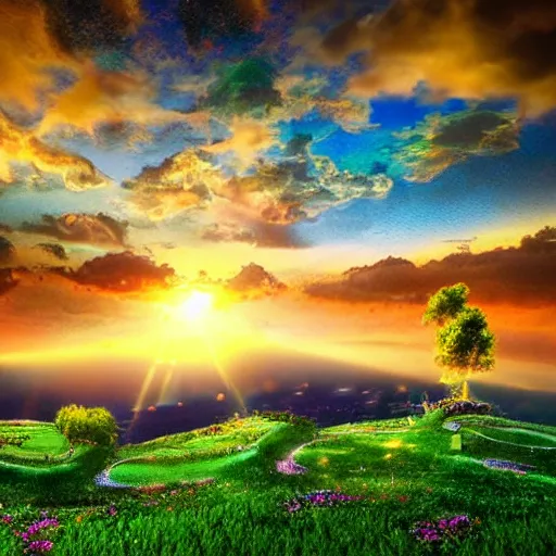 Image similar to Amazing View of fantasy Beautiful Sky Scenery with ornate gold and silver iridescent castles of light Highly detailed Vines Trees Gardens flowers in bloom clouds sunset holographic metallic angelic prismatic reflections Depth of field HDR