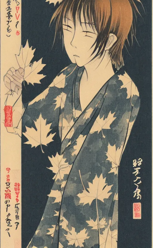 Prompt: by akio watanabe, manga art, a girl looking at the falling maple leafs, trading card front, kimono, realistic anatomy