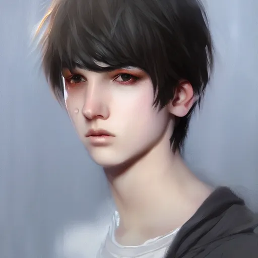 Prompt: a feminine boy with short dark hair, emo, digital art, photorealistic, 8 k resolution, beautiful face, very pretty face, very detailed eyes, by wlop, greg rutkowski