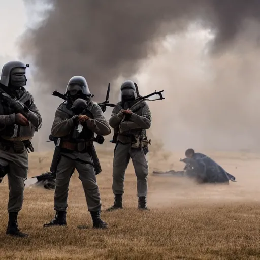 Prompt: modern mercenaries wearing grey body armor smoking shooting at hostiles in the midst of a bloody battle, photo by Adam Ferguson in 2022, Pulitzer Winning, cinematic composition, breathtaking, modern, 2022