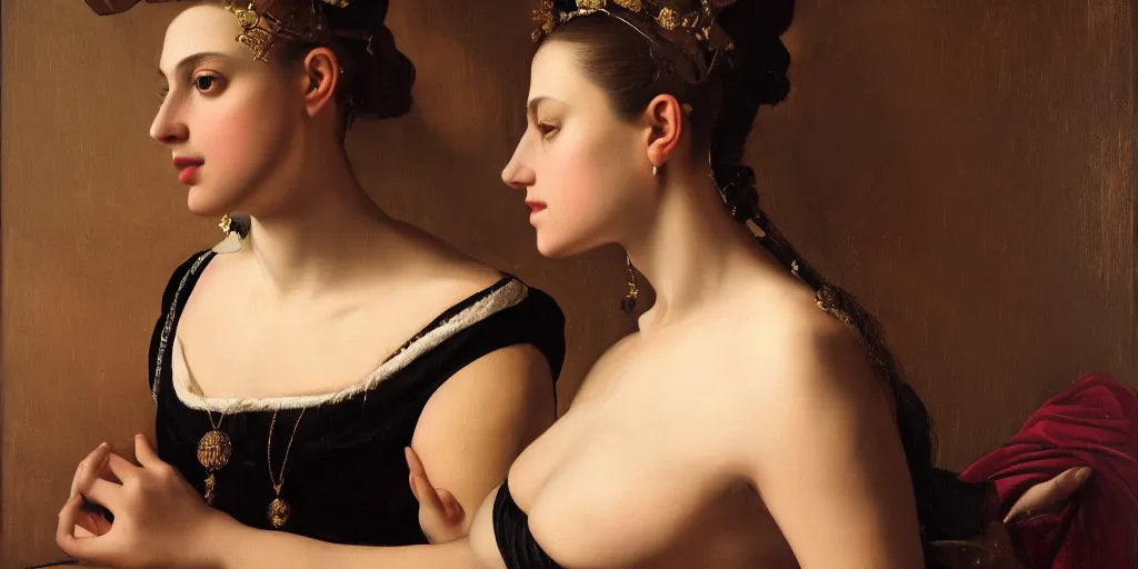 Image similar to beautiful oil matte portrait painting, women with gold skin showered with diamonds, wonderful masterpiece highly detailed, beautiful cinematic light deep focus, elegant, digital painting, smooth, sharp focus, golden ratio, dramatic illumination, ultra realistic, 8 k, art by artemisia lomi gentileschi and caravaggio