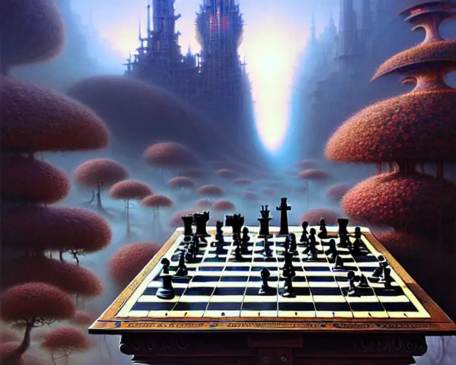 Image similar to street view a chess board filled with chess pieces, fantasy landscape made of fractals facing each other, ultra realistic, wide angle, intricate details, the fifth element artifacts, highly detailed by peter mohrbacher, hajime sorayama, wayne barlowe, boris vallejo, aaron horkey, gaston bussiere, craig mullins