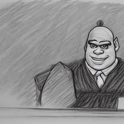 Image similar to shrek on trial in courtroom, courtroom sketch, pencil sketch, judge, courtroom