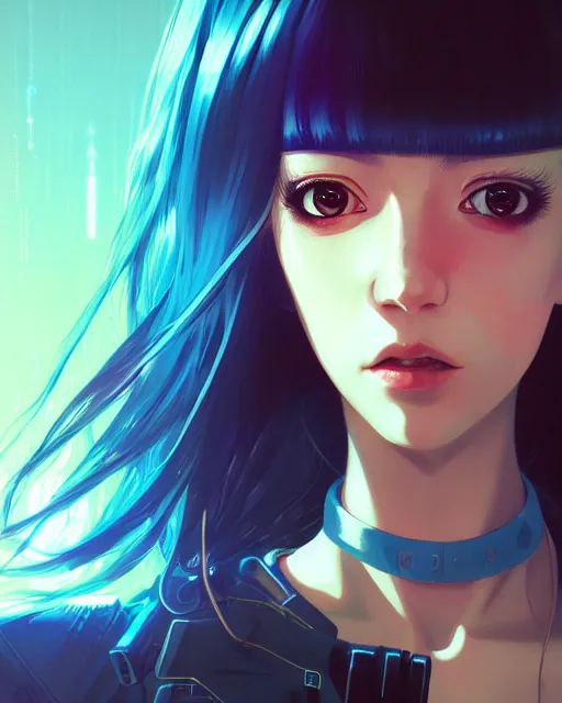 Image similar to a comic potrait of a cyberpunk cyborg girl with big and cute eyes, fine - face, realistic shaded perfect face, fine details. night setting. very anime style. realistic shaded lighting poster by ilya kuvshinov katsuhiro, magali villeneuve, artgerm, jeremy lipkin and michael garmash, rob rey and kentaro miura style, trending on art station