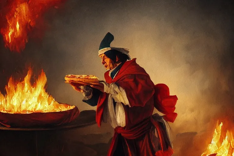 Image similar to a highly detailed oil painting of pulcinella!!! from naples with a pizza!! and lots of fire, a volcano and dark smoke, an ultrafine detailed painting by achille superbi, dramatic lighting, trending on deviantart, sharp focus, octane, masterpiece