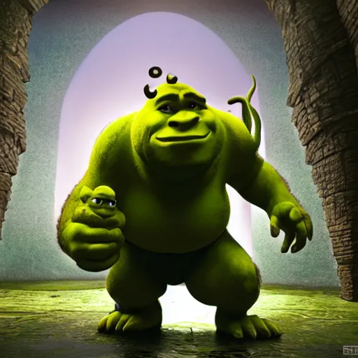 Prompt: Shrek as gigachad, tentacles, octane render, 3d digital art by beeple, unreal engine 5, award winning