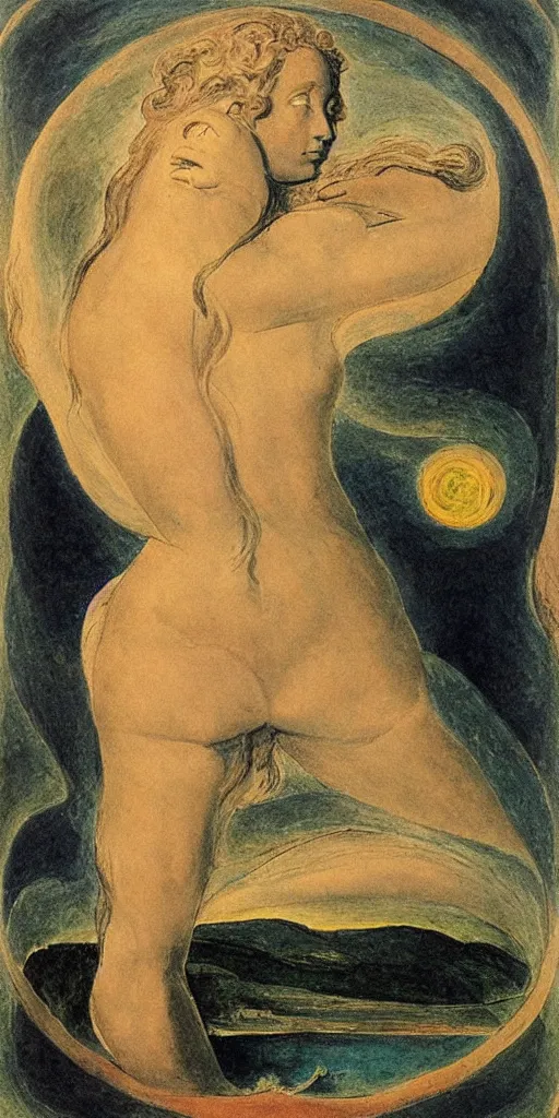 Image similar to oil painting silhouette of the venus of milos with sea inside by william blake