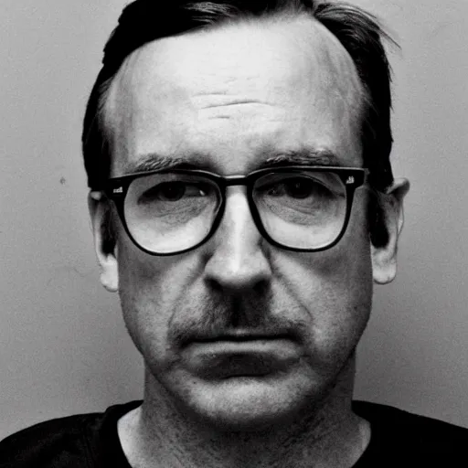 Prompt: black and white county jail mugshot of saul goodman looking defeated, facing forward, with trimmed mustache and glasses, wearing prison jumpsuit