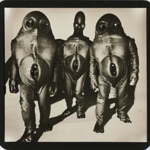 Image similar to polaroid photograph of horrorific alien beings visiting earth, 1 9 5 0