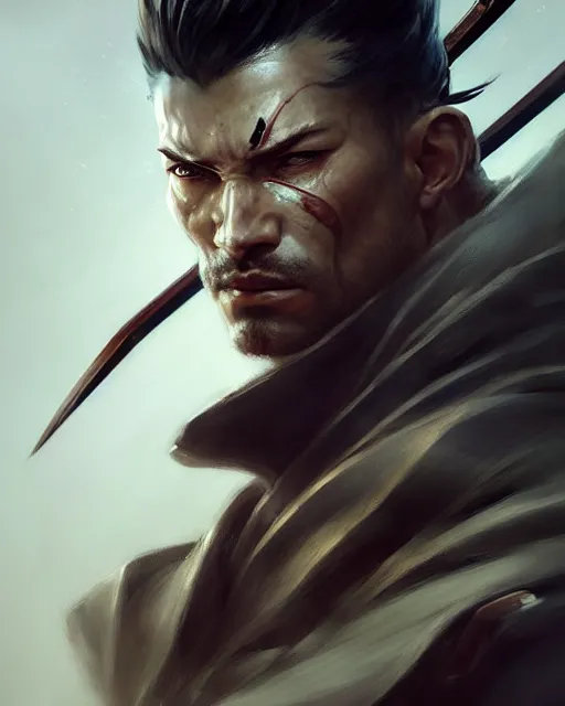 Image similar to face portrait of a handsome and ripped ronin, masculine features, short messy hair, wielding a katana, wearing a haori, by wlop and peter mohrbacher, dramatic action pose, extremely detailed shading, concept art, digital painting, trending on artstation, unreal engine 5, octane render, atmosphere, glow, cinematic lighting, full of color