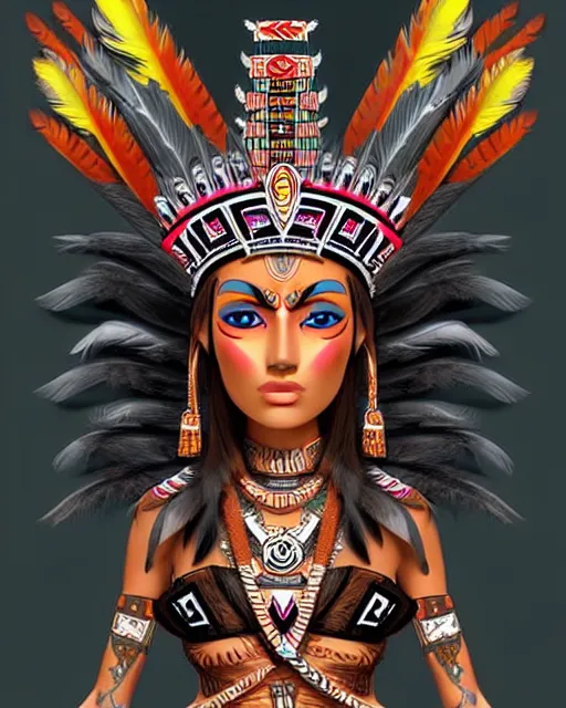 Image similar to character design, aztec warrior goddess with beautiful woman face, crown of very long feathers, full body, glowing aztec tattoos, beautiful, dark fantasy