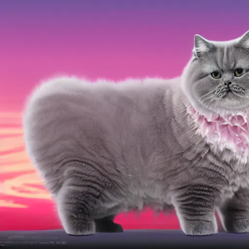 Image similar to a fluffy pink British Shorthair transformed into a fluffy roadster, cool, realistic, 4k, hd, highly detailed, pink sky backgorund