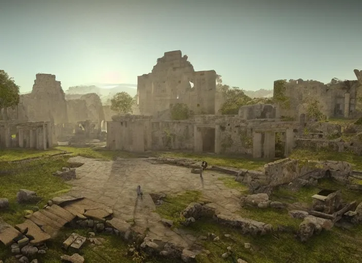 Prompt: a land of ruins of lost civilization with a fort in the middle, pure gold pillars, water tunnels below and a magical time gate to another dimension, a wounded man wearing a white robe standing watching over, dramatic lighting, dawn, by caspar david friedrich, unreal engine 5