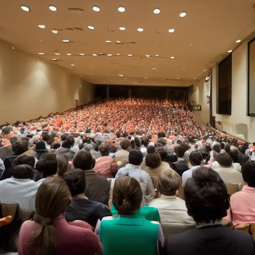 Prompt: salmon rushdie giving a lecture in auditorium