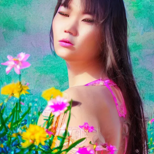 Image similar to a portrait of a young asiatic lady, perfect face, hot summertime hippie, fancy dress , flowers background , sunny day, perfecly detailed, realistic portrait, perfect design, natural light