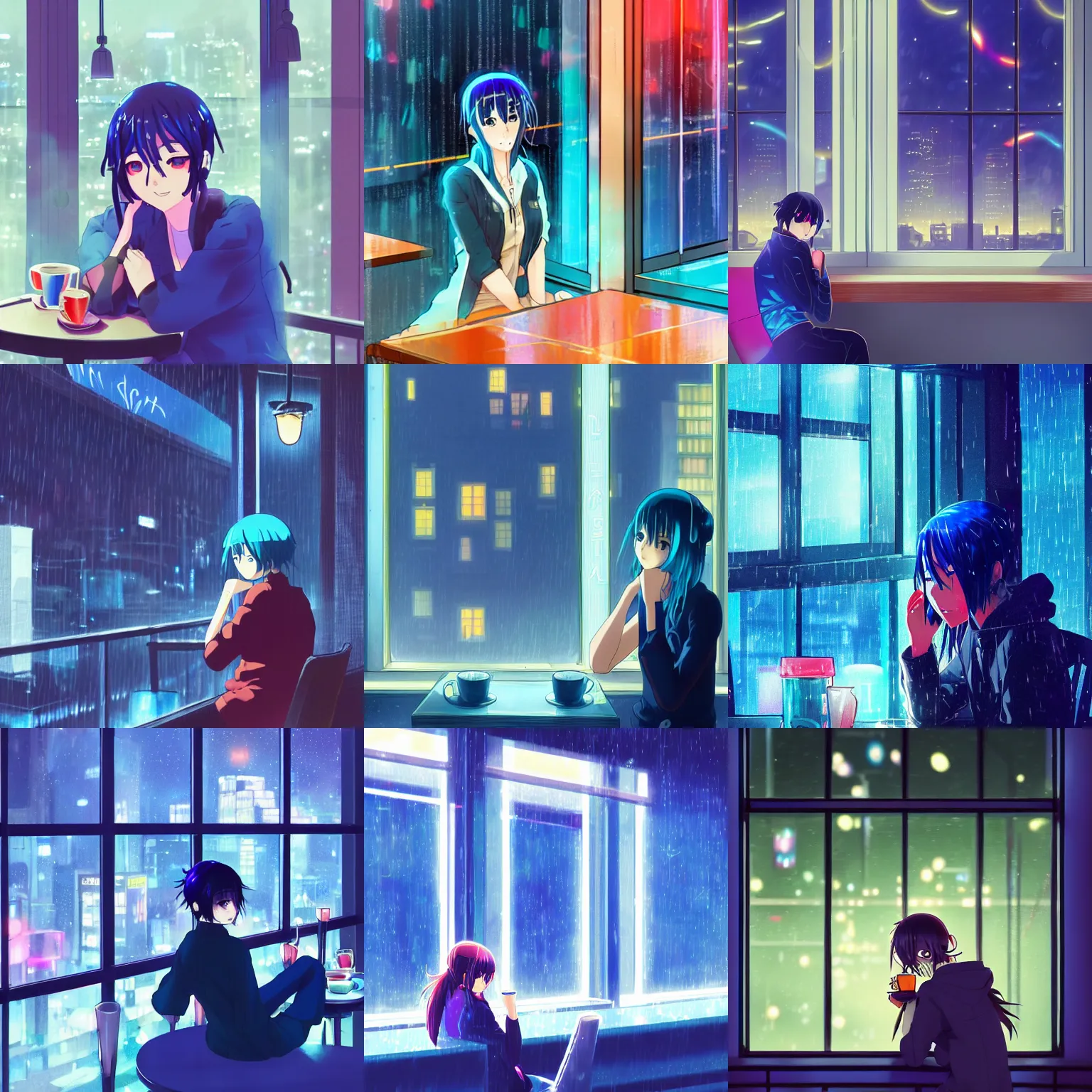 Prompt: anime key visual of a woman with dark-blue hair sitting in a cafe next to a window, rainy night, outside are neon lights from a dense city, by makoto shinkai, kimi no na wa, artstation, atsmospheric, high detail