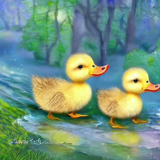 Image similar to two baby ducklings going on an adventure, fantasy, detailed digital art,