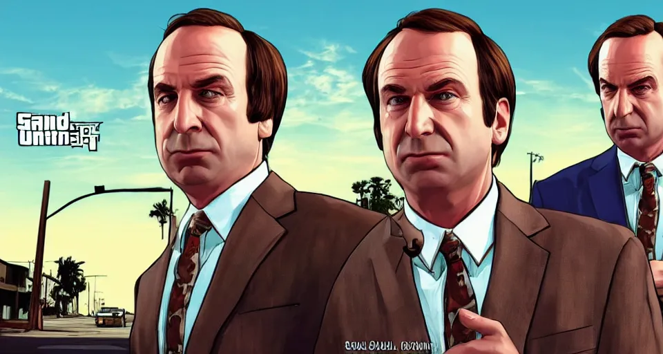 Image similar to saul goodman in the style of gta v cover art