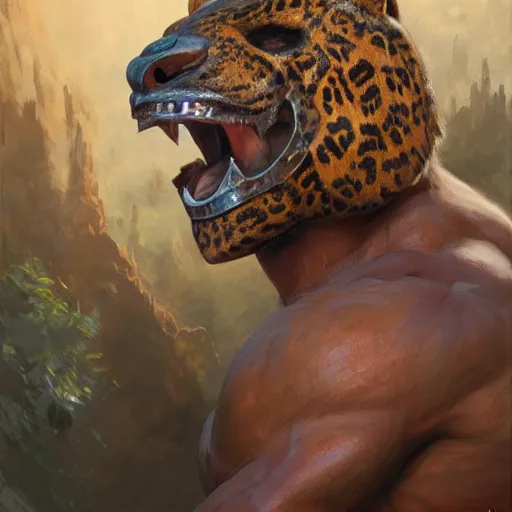 Image similar to Buff wrestler wearing a jaguar mask, closeup character portrait art by Donato Giancola, Craig Mullins, digital art, trending on artstation