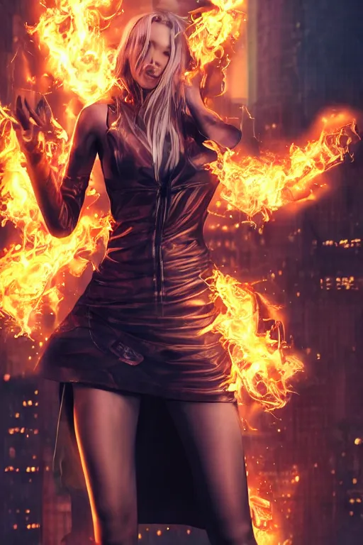 Image similar to wonderful young blonde woman with flames dancing on her hands with a long jacket in a cyberpunk city, realistic mouth, realistic, high definition, detailed and symetric face, detailed and realistic hands, expressive eyes, 4 k, shimmering color, epic digital art