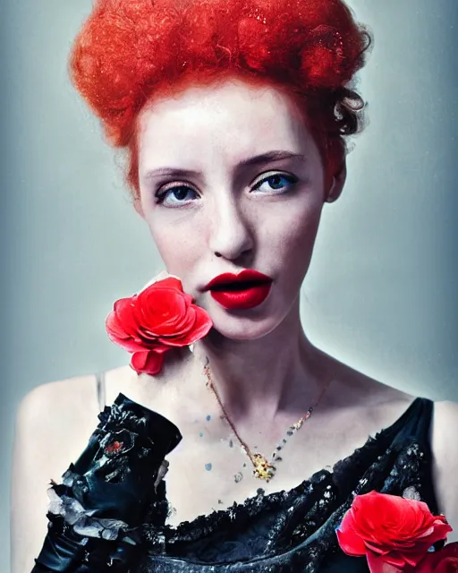 Prompt: Portrait of a Jewish woman, close-up, ice, diamond skin, high sharpness, zeiss lens, fashion photo shoot, flowers, red hair, coral lipstick, on the background black , in semi prakEduard Buba, Annie Leibovitz, Paolo Roversi, David Lazar, Jimmy Nelsson, Eiko Hosoe, artistic, hyper-realistic, beautiful face, octane rendering