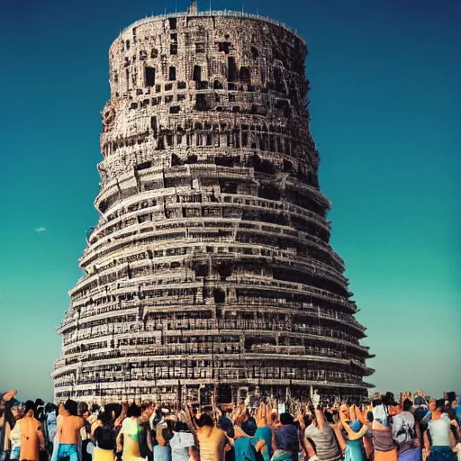 Prompt: The tower of babel made of people standing on top of each other, at the top of the tower there’s a hand that’s reaching for the sun. Wide angle lens, we can see the earth in the frame.