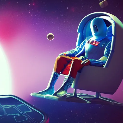 Prompt: Space Cowboy and Astronaut sitting on a chair in space while looking at a black hole, highly detailed, psychedelic, hyper-realism, blender