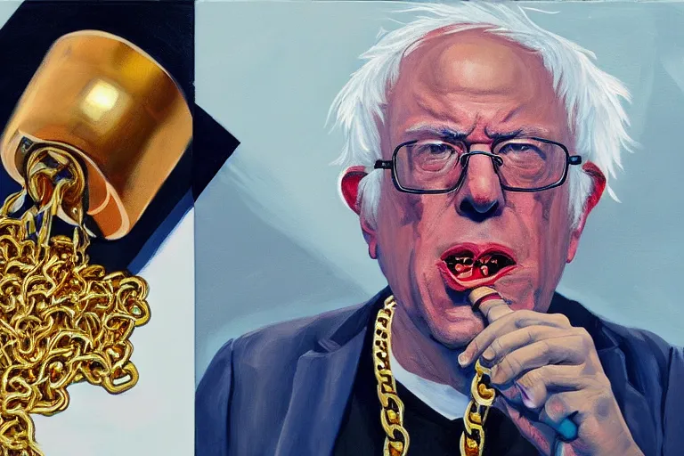 Prompt: Bernie Sanders as rap artist wearing gold chains and gold teeth, drinking cough syrup, oil on canvas, artstation, portrait, masterpiece, aesthetic