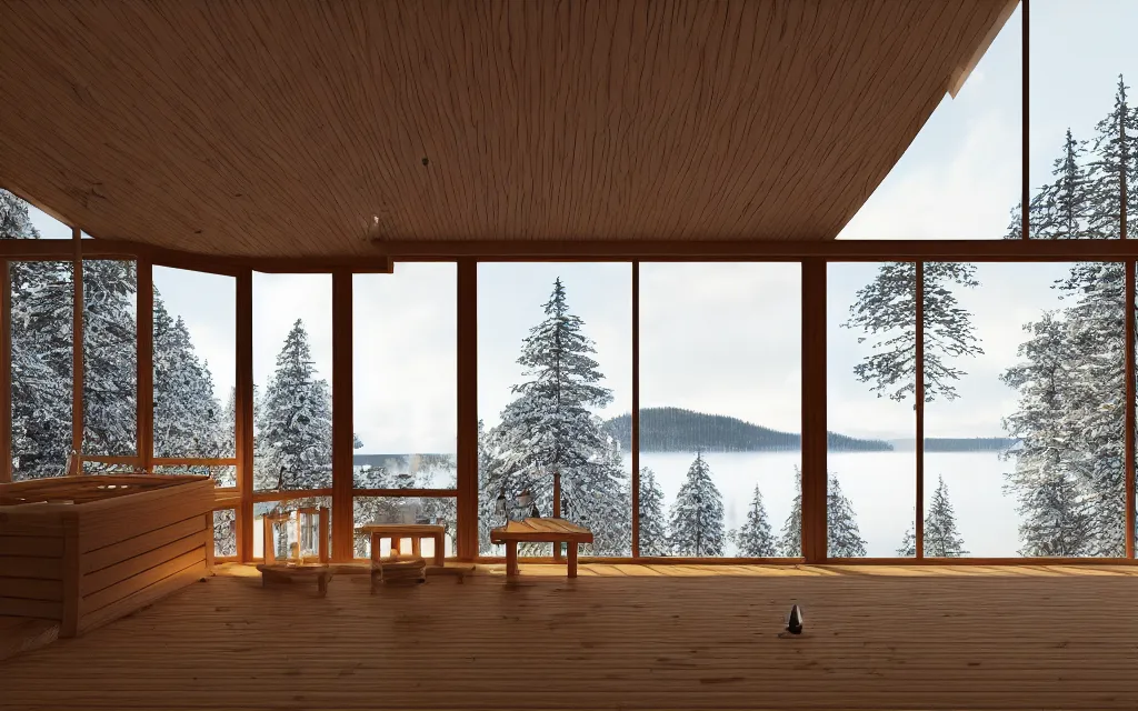 Image similar to finnish sauna exterior architectural visualization, sauna, large windows, winter scene, cozy, corona render, rendered in vray, evening light, sunset, lakeside, depth of field, mountainous landscape, pine forest, evermotion, ronen bekerman, contest winner, archviz, peter guthrie, ultradetailed, photorealistic, photoreal, mir, bertrand benoit