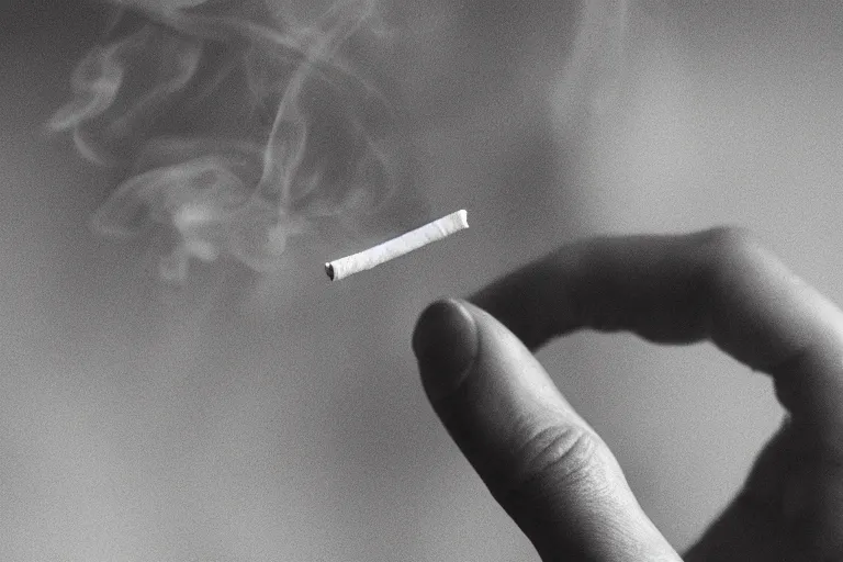 Image similar to A photo of thin soft hand holding cigarette with smoke, hyper realistic, smooth