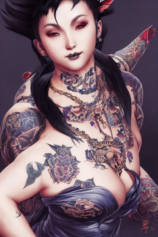 Image similar to portrait of goth Chun Li with yakuza tattoos, Street fighter, intricate, elegant, highly detailed, digital painting, artstation, concept art, smooth, sharp focus, illustration, art by artgerm and greg rutkowski and alphonse mucha