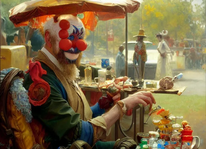 Image similar to a clown selling goodies on the train, highly detailed painting by gaston bussiere, craig mullins, j. c. leyendecker 8 k