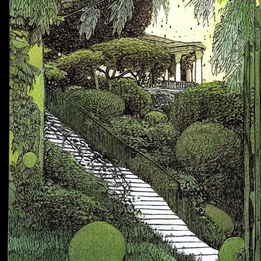 Image similar to old white house stairs into lush garden, drawing moebius