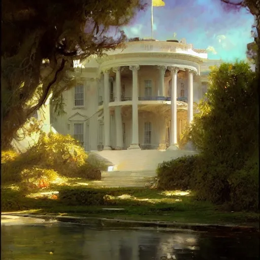 Prompt: detailed cinematic wide shot of the futuristic white house that is existing far in the future where humans evolved to be solarpunk, ultra realistic, spring light, painting by gaston bussiere, craig mullins, j. c. leyendecker