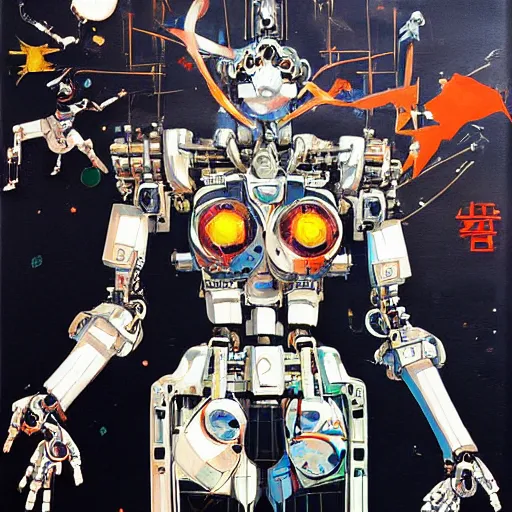 Prompt: portrait of a wired mecha robot in a sailor moon pose, oil on canvas by dave mckean and yoji shinkawa and james jean