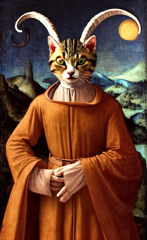 Image similar to a bipedal cat that has goat horns, anthropomorphic cat that is wearing robes, oil painting, by leonardo da vinci, dnd, character reveal, cosmic, magical, fog, noble, full body portrait, extremely detailed, cult, ritual, 4 k, 8 k