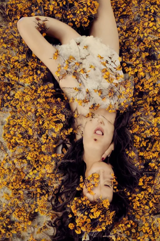 Image similar to full body fine art photo of the beauty gal gadot, she is lying down and covered by dried flowers, taken by oleg oprisco