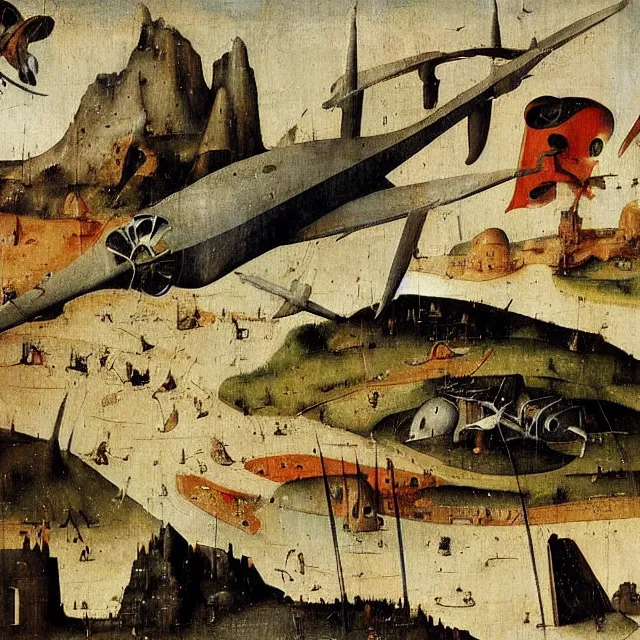 Prompt: a painting from 1 4 9 0 of a jet airplane by hieronymus bosch