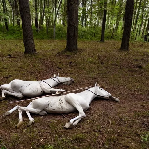 Prompt: two dead horses with many arrows on their body, lying on the woods path, dense thickets on each side, photo, 8 k