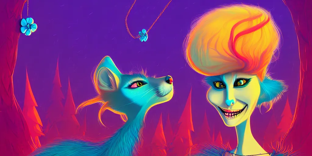 Image similar to curved perspective, extreme narrow, extreme fisheye, digital art of an hallucinogenic female embalmed marten animal wearing jewlery with blonde hairstyle with blue flower in hair by anton fadeev from nightmare before christmas