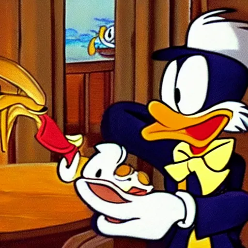 Image similar to Donald Duck invites Scrooge McDuck to dine in a very fancy restaurant